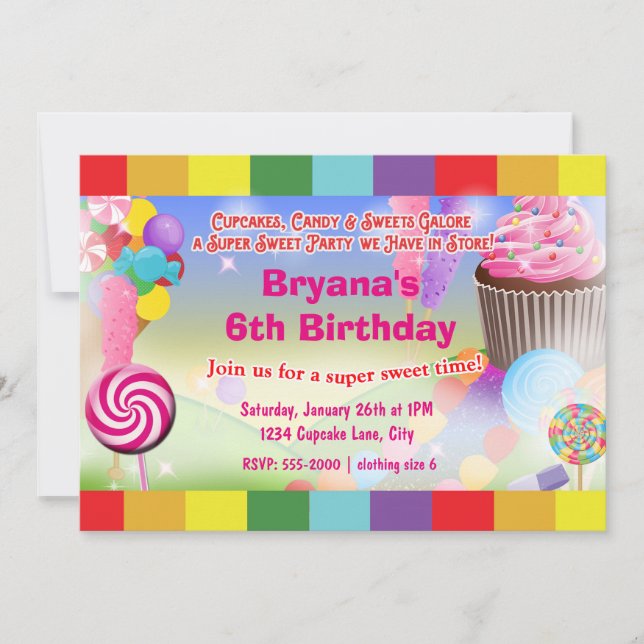 Convite de Aniversário Cupcake Candyland Sweets (Frente)