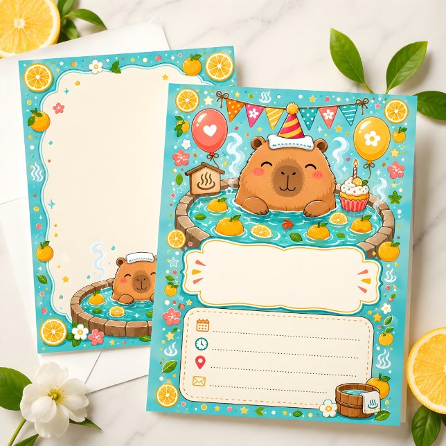 Convite de Aniversário Cute Capybara Yuzu Onsen (Criador carregado)