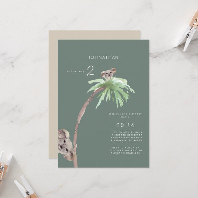 Convite de aniversário Cute Koala Sage (Frente/Verso In Situ)