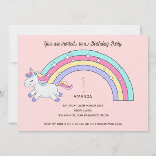 Convite de aniversário Cute Rainbow Unicorn