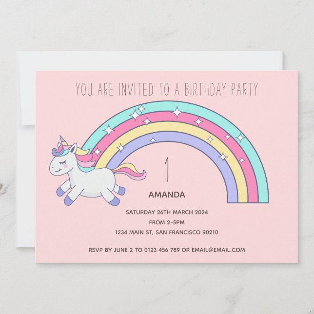 Convite de aniversário Cute Rainbow Unicorn (Frente)