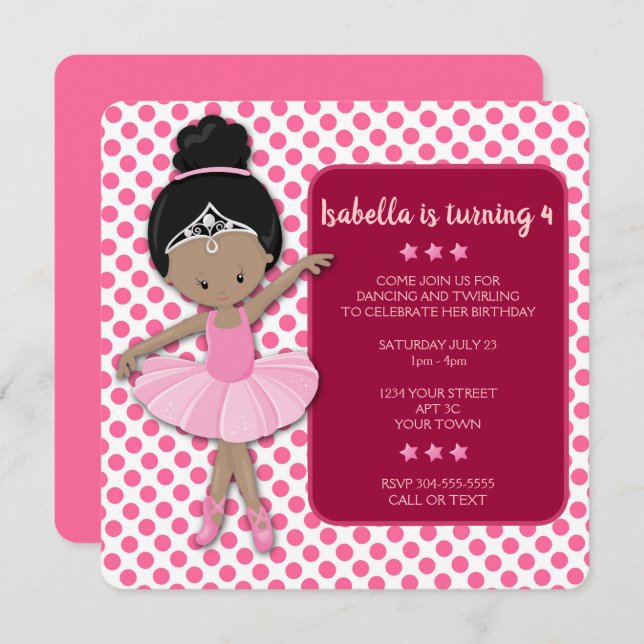 Convite de Aniversário da Afro-Americana Ballerina (Frente/Verso)