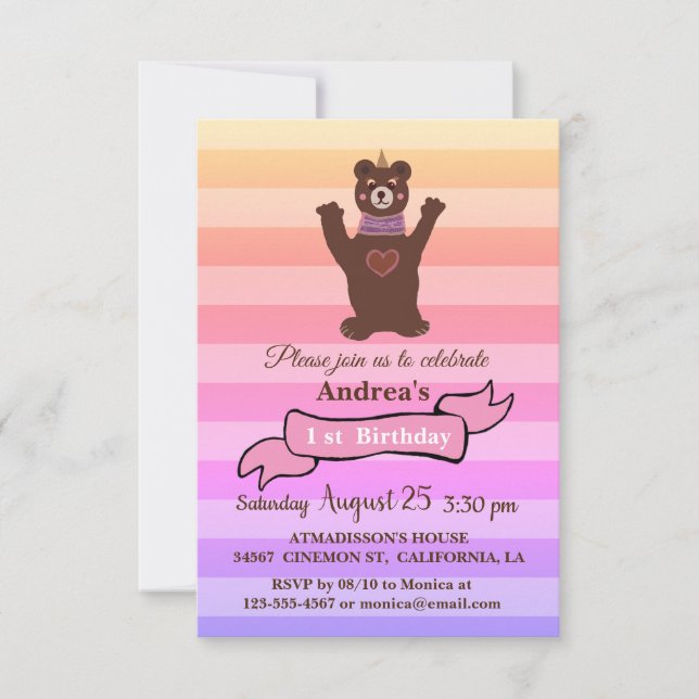 Convite de aniversário da Bear Bear Girl (Frente)