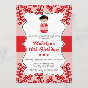 Convite de Aniversário da Boneca Kokeshi  Estilo J