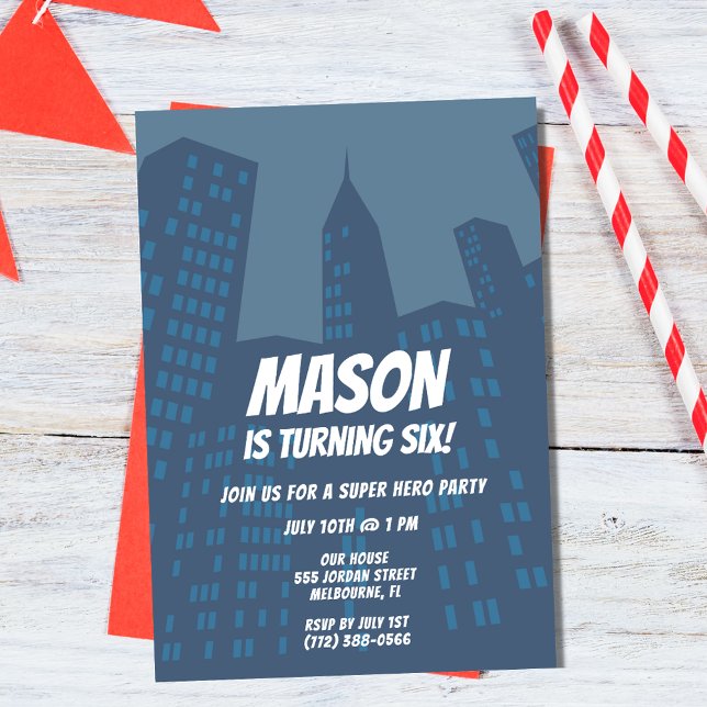 Convite de aniversário da Cidade Super Herói (Boys Superhero City Birthday Party Invitation)