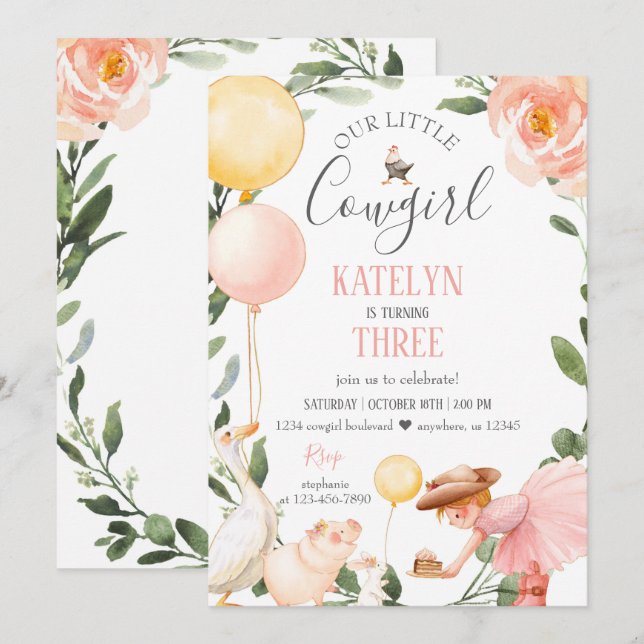 Convite de Aniversário da Cowgirl com Greenery (Frente/Verso)