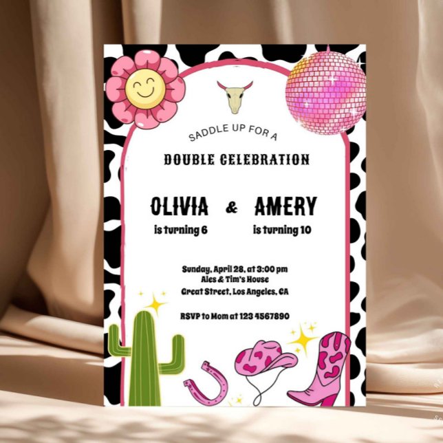 Convite de Aniversário da Cowgirl Disco Joint (cowgirl disco invitation, western birthday invite, cow print party invite, double birthday invitatio)
