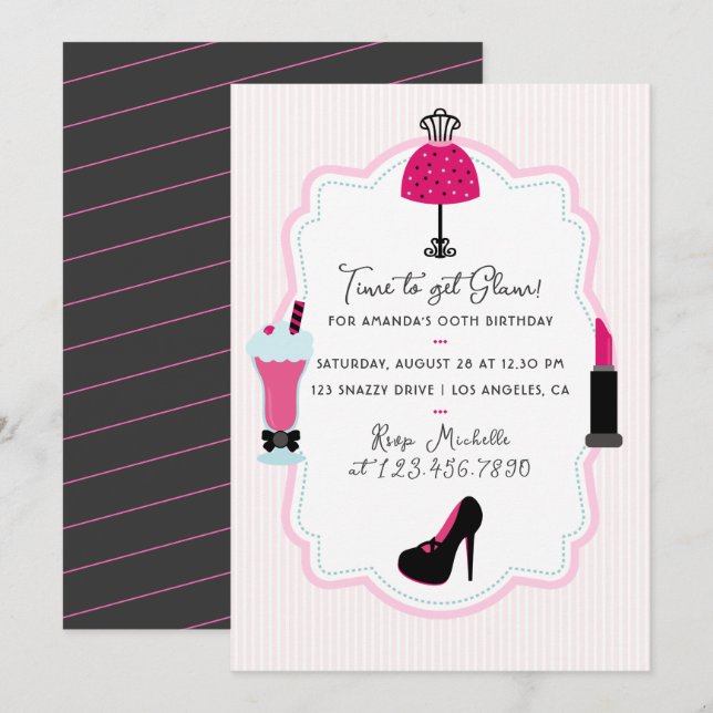 Convite de Aniversário da Diva da Moda Glam (Frente/Verso)