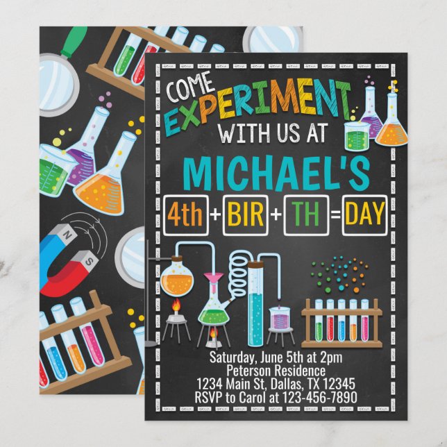 Convite de aniversário da experiência da ciência (Frente/Verso)