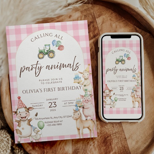 Convite de Aniversário da Fazenda dos Animais da F (Pink Barnyard farm animal birthday invitation)