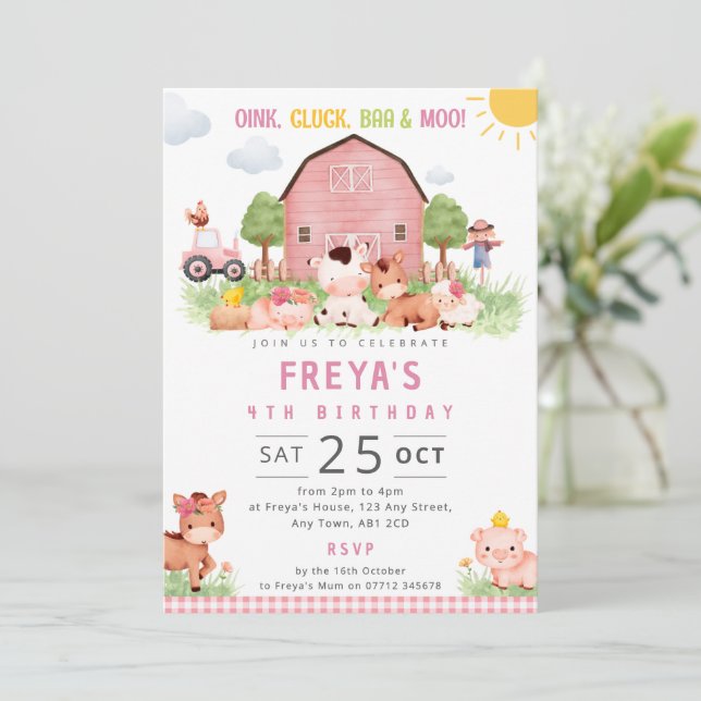 Convite de Aniversário da Fazenda Rosa Animais do  (Em pé/Frente)