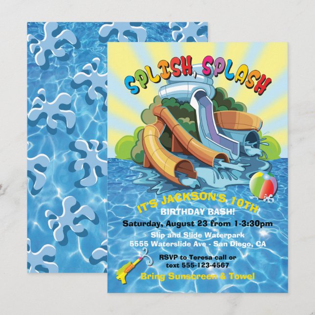 Convite de Aniversário da Festa de Piscina de Wate (Frente/Verso)