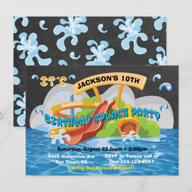 Convite de Aniversário da Festa de Piscina de Wate (Frente/Verso)