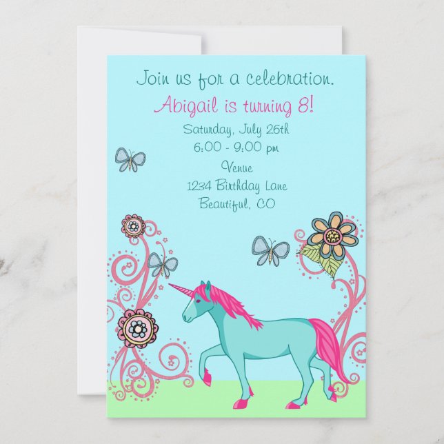 Convite de Aniversário da Garota do Unicórnio da F (Frente)