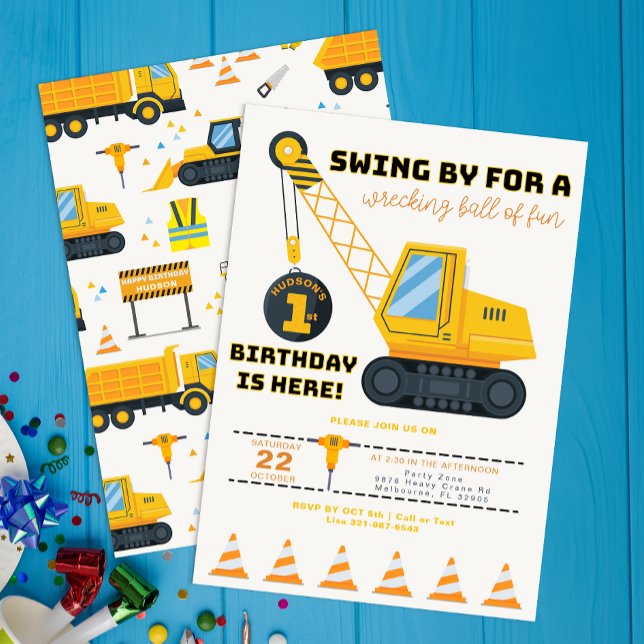 Convite de aniversário da grua de construção - Ama (Construction Vehicle Birthday Invite)