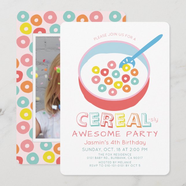 Convite de Aniversário da Menina de Cereal Rosa In (Frente/Verso)