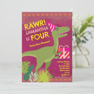 Convite de Aniversário da Menina Dinossauro Rawr T