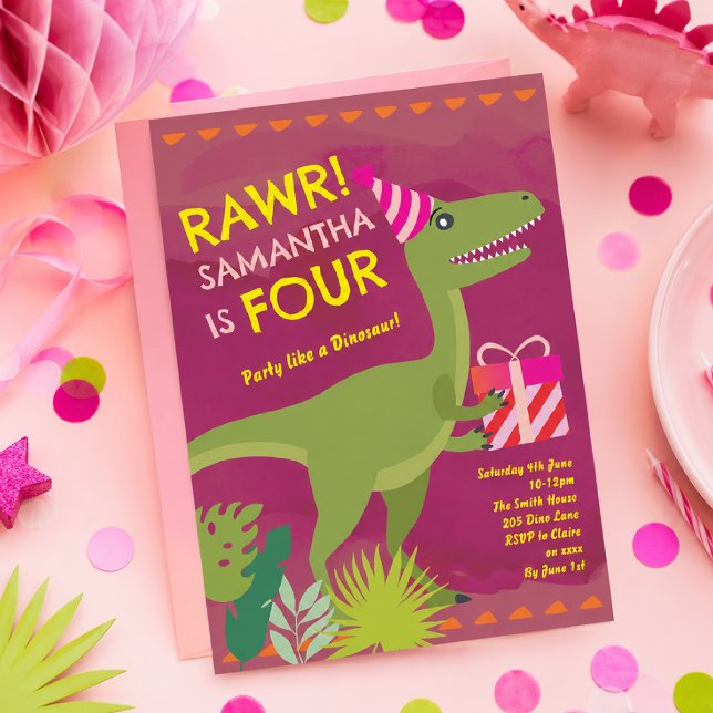Convite de Aniversário da Menina Dinossauro Rawr T (Criador carregado)