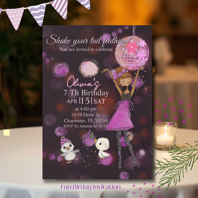 Convite de Aniversário da Menina do Frango Disco F (Funky Disco Chicken Girl Birthday Invitation)