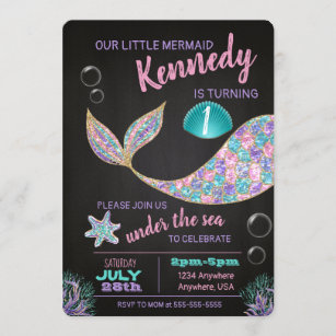 Convite de aniversário da Mermaid Chalkboard, bril