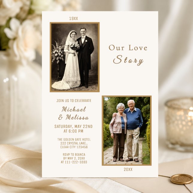 Convite de Aniversário da Nossa História de Amor (Elegant our love story anniversary invitation with timeless ivory and gold romance)
