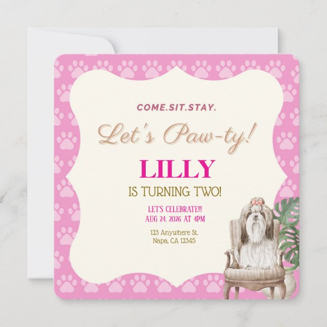 Convite de Aniversário da Pink Paw Cachorro (Frente)