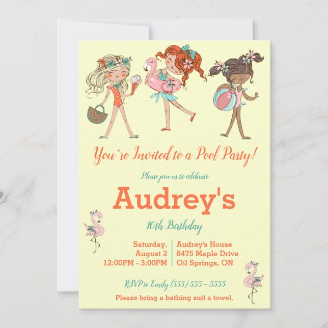 Convite de aniversário da Piscina das raparigas (Frente)