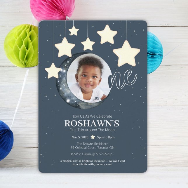 Convite de Aniversário da Primeira Viagem ao Redor (Celebrate your little star’s first trip around the moon with this magical invitation!)