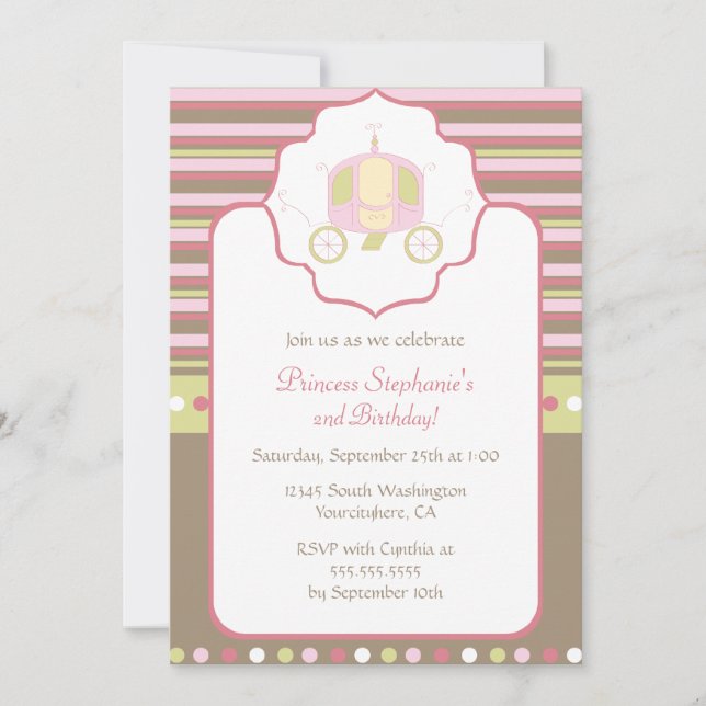 Convite de aniversário da princesa carruagem doce (Frente)