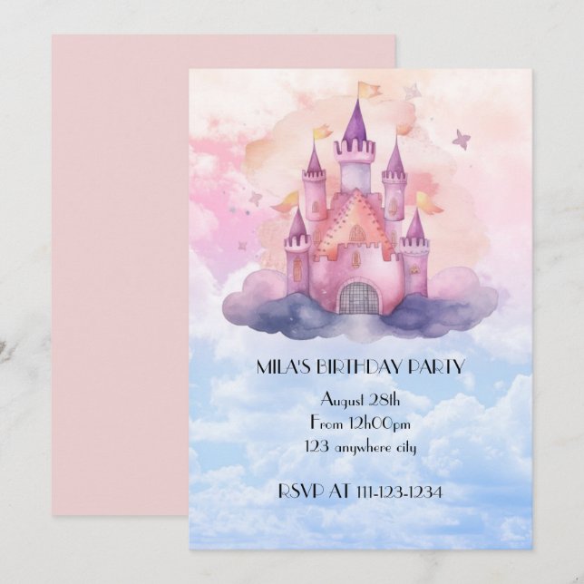 convite de aniversário da princesa Castle (Frente/Verso)