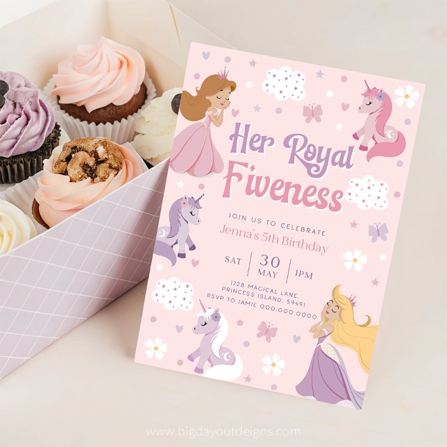 Convite de aniversário da Princesa Cinco. Little P (Princess and Unicorn Pink 5th Birthday Invitation)