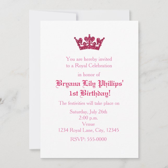 Convite de Aniversário da Princesa Coroa Brilho Ro (Frente)