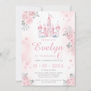Convite de aniversário da princesa de castelo rosa