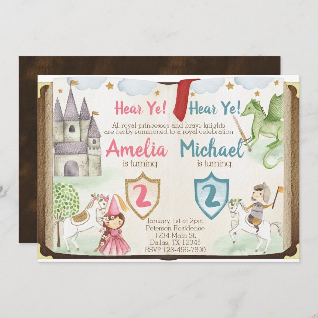 Convite de aniversário da princesa e do cavaleiro (Frente/Verso)
