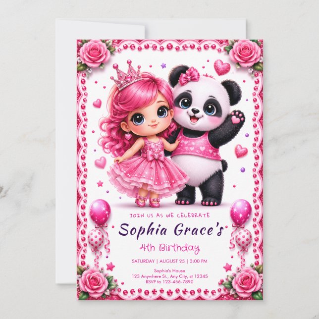 Convite de Aniversário da Princesa e Panda Rosa Bo (Frente)