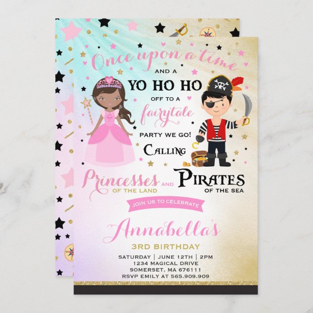 Convite De Aniversário Da Princesa E Pirata (Frente/Verso)