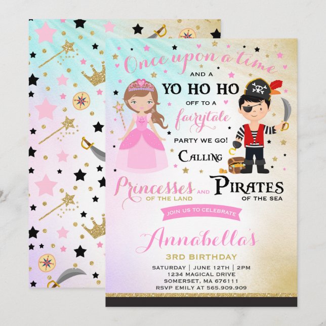Convite De Aniversário Da Princesa E Pirata (Frente/Verso)