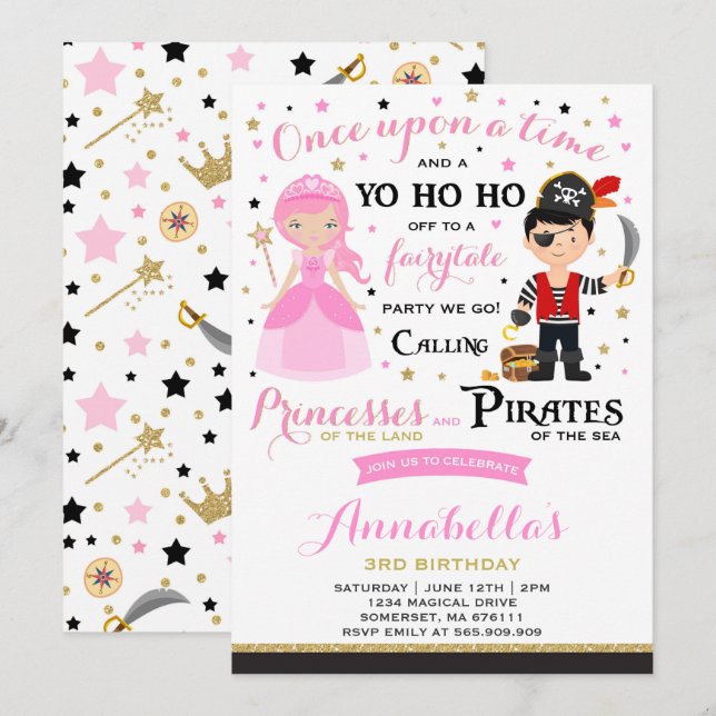 Convite De Aniversário Da Princesa E Pirata (Frente/Verso)
