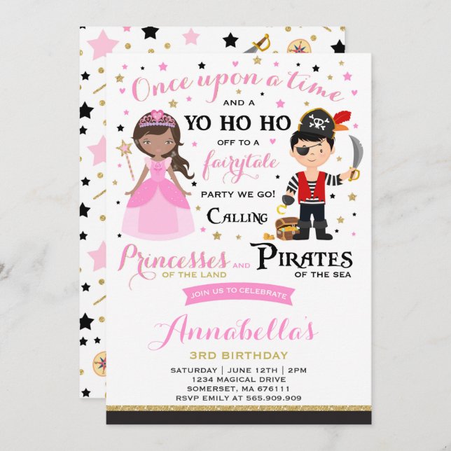 Convite De Aniversário Da Princesa E Pirata (Frente/Verso)