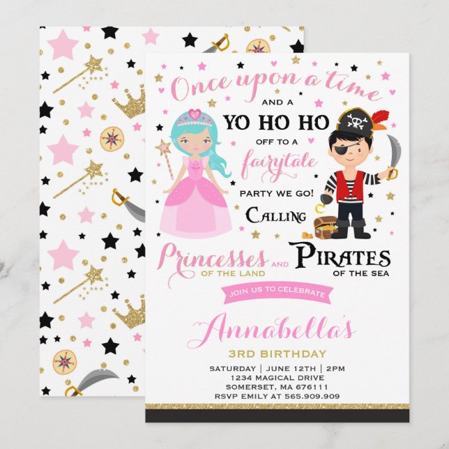 Convite De Aniversário Da Princesa E Pirata (Frente/Verso)