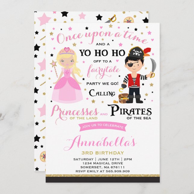 Convite De Aniversário Da Princesa E Pirata (Frente/Verso)