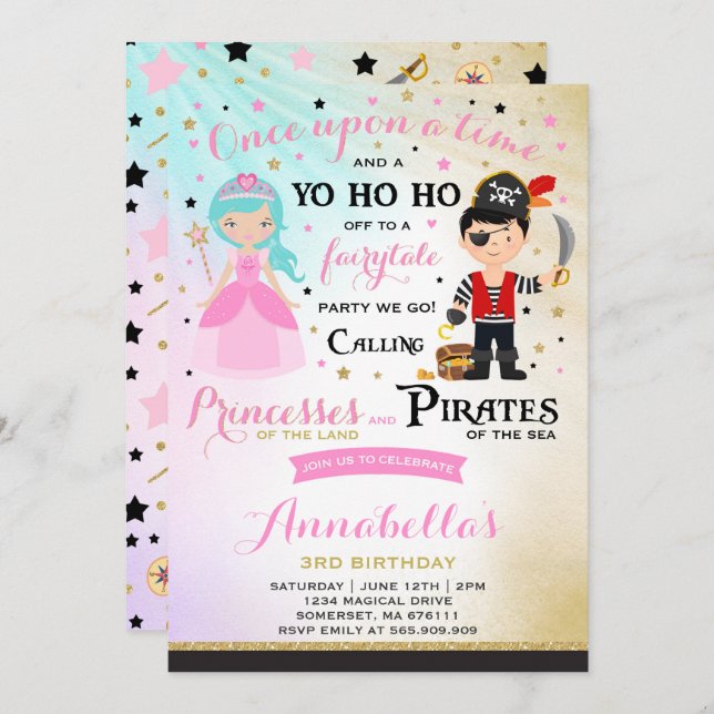 Convite De Aniversário Da Princesa E Pirata (Frente/Verso)