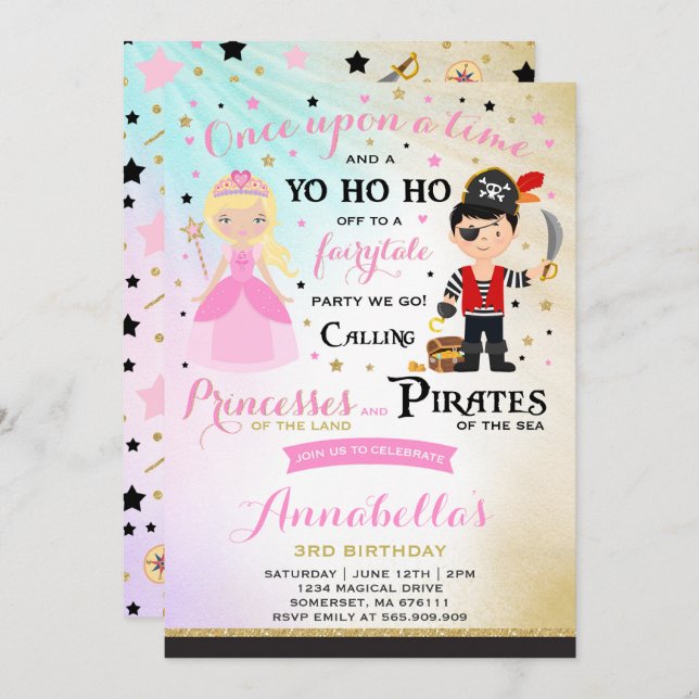 Convite De Aniversário Da Princesa E Pirata (Frente/Verso)