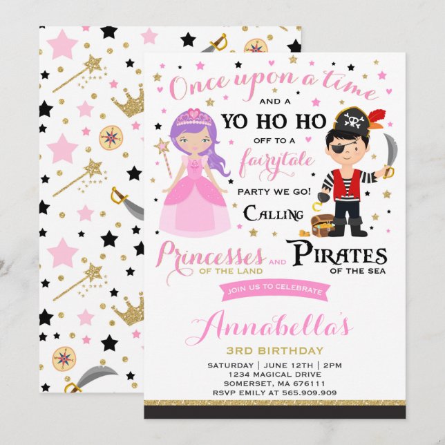 Convite De Aniversário Da Princesa E Pirata (Frente/Verso)