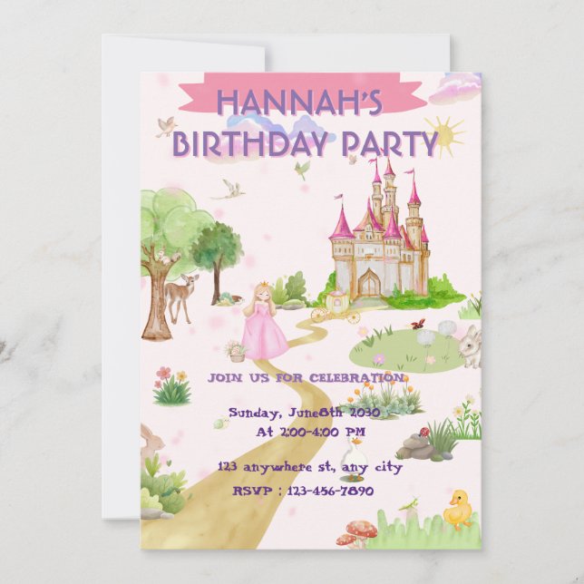 Convite de Aniversário da Princesa em Aquarela, (Frente)