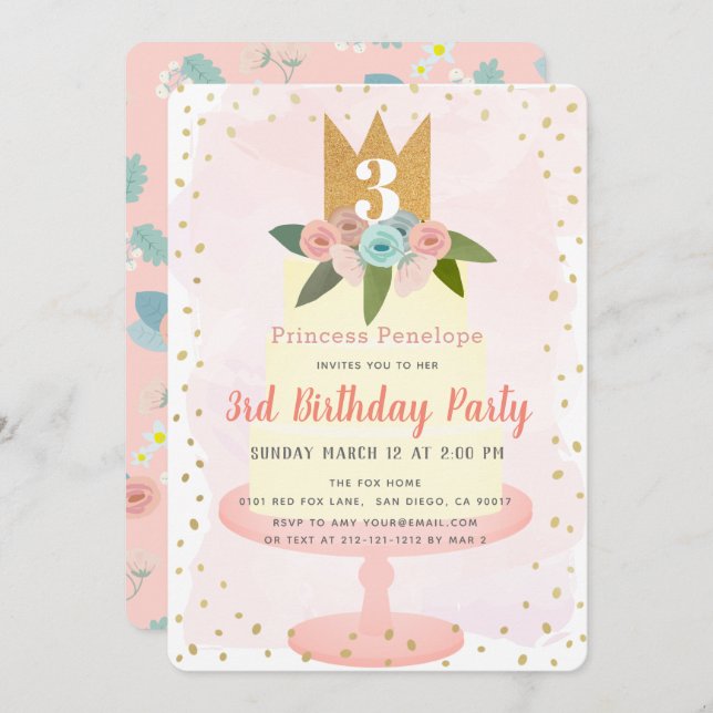 Convite de Aniversário da Princesa Floral Rosa (Frente/Verso)