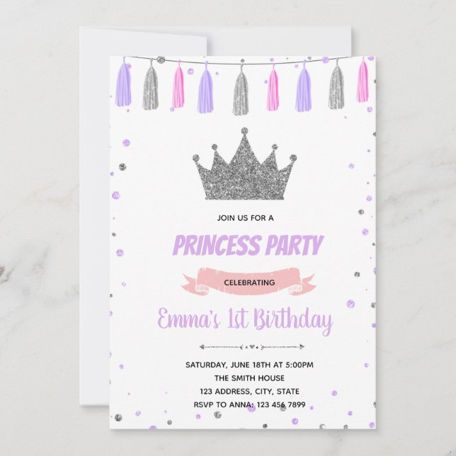 Convite de aniversário da princesa prateada roxa (Frente)