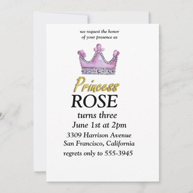 Convite de aniversário da princesa Rosa & Dourado (Frente)