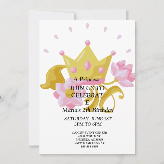 Convite de aniversário da princesa rosa e dourado. (Frente)