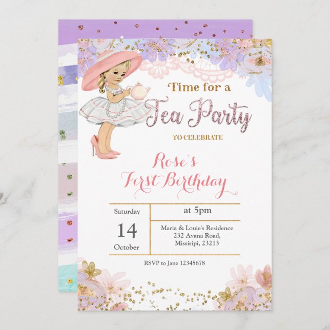 Convite de Aniversário da Princesa Tea Party (Frente/Verso)
